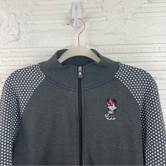 Disney Parks Minnie Logo Gray Polka Dot Sleeves Knit Varsity Jacket Size Large - Picture 2 of 12